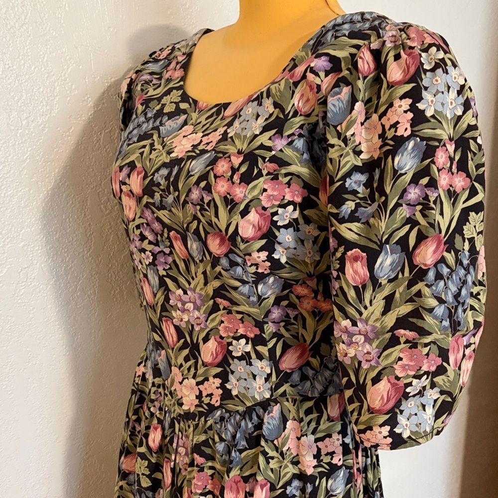 Vintage Prarie Princess Floral Midi Dress Puff Sleeves Basque Waist Cottagecore - Picture 3 of 7
